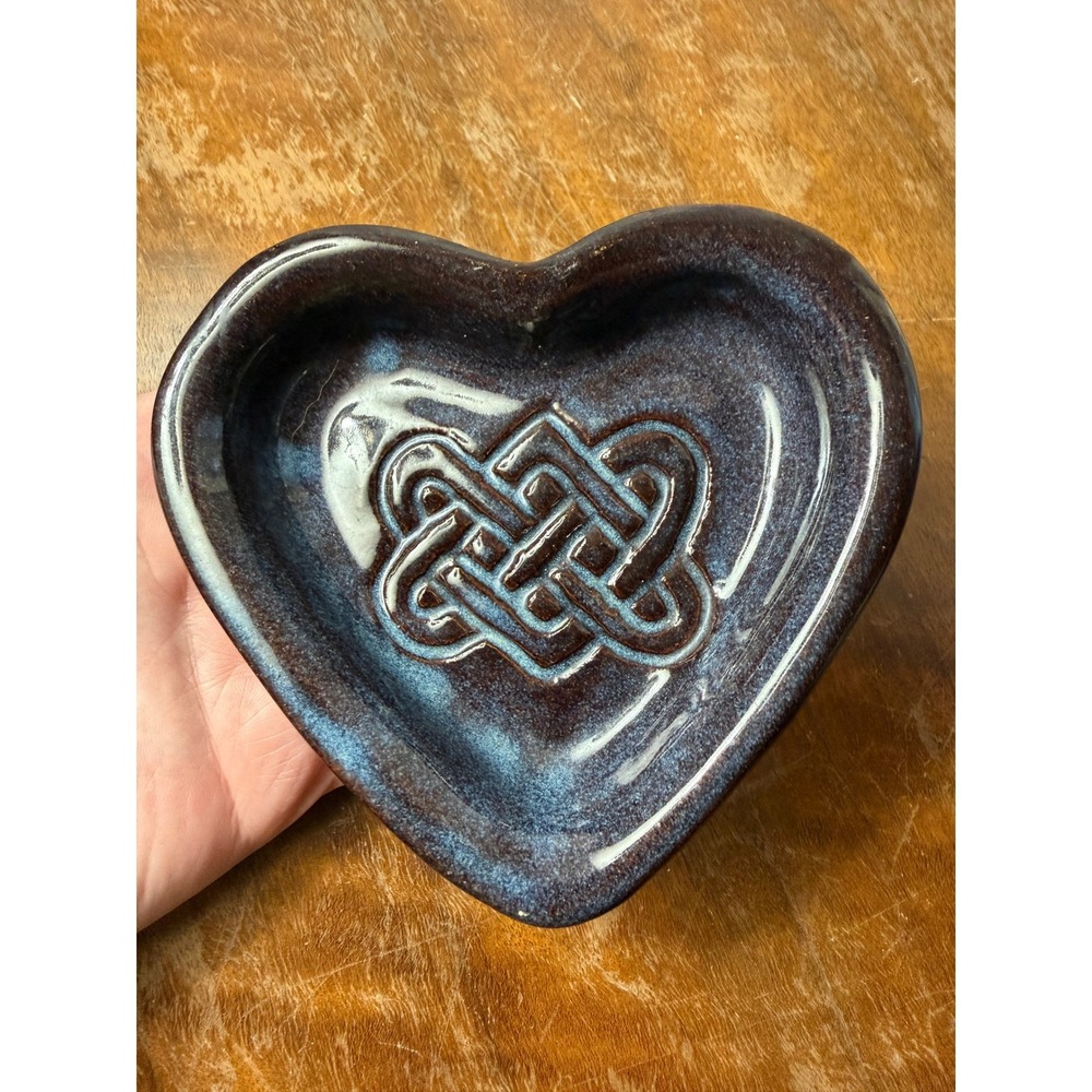Studio Pottery Trinket Dish Heart Celtic Knot Blue Signed Lentz PEI
